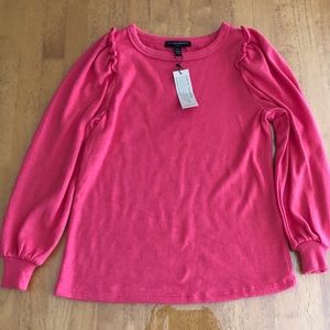 Gorgeous NWT bright pink work sweater with small ruffed shoulder size XXSP.
